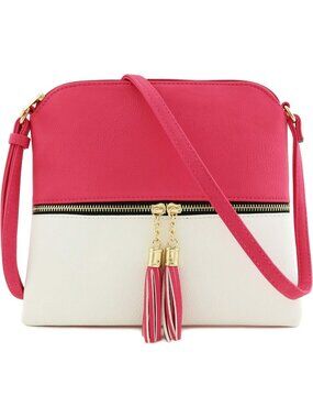 Women's Fuchsia White Faux Leather Tassel Fringe Adjustable Strap Crossbody Bag